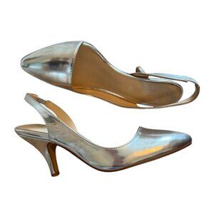 Aldo | Silver Sling Back Heels Size 8.5 Strappy Metallic Prom Formal Shoes